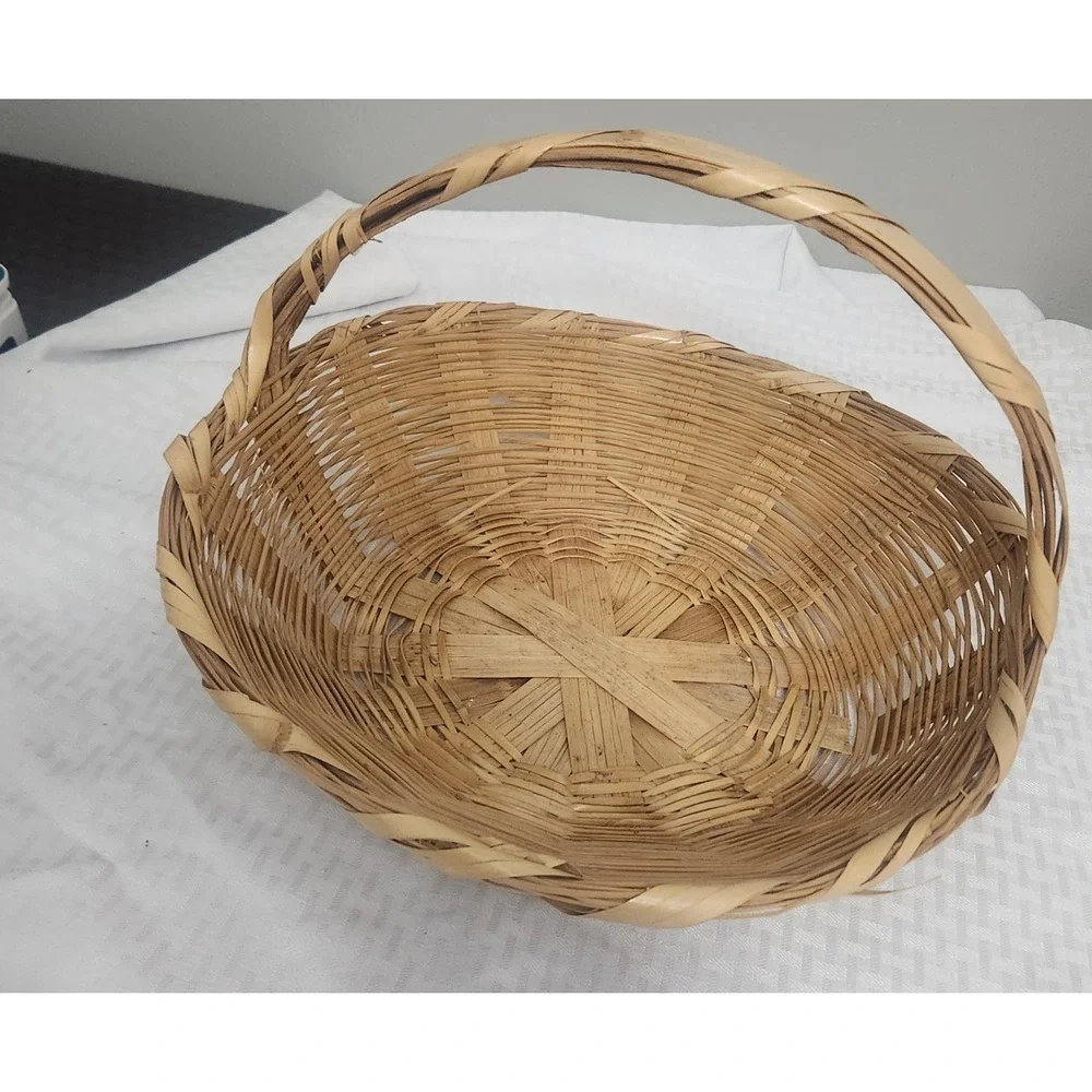 Vintage Handwoven Wicker Gathering Basket with Handle | Rustic Farmhouse Decor
